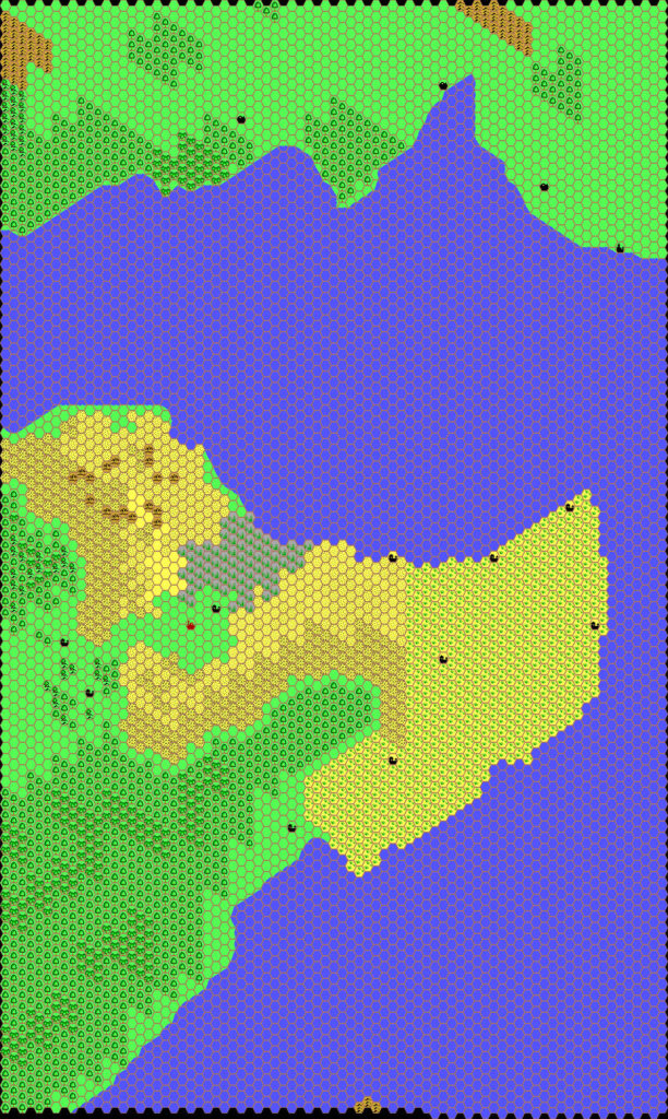 Work-in-progress map of Thothia and Greenspur, 8 miles per hex by Thibault Sarlat, July 2001