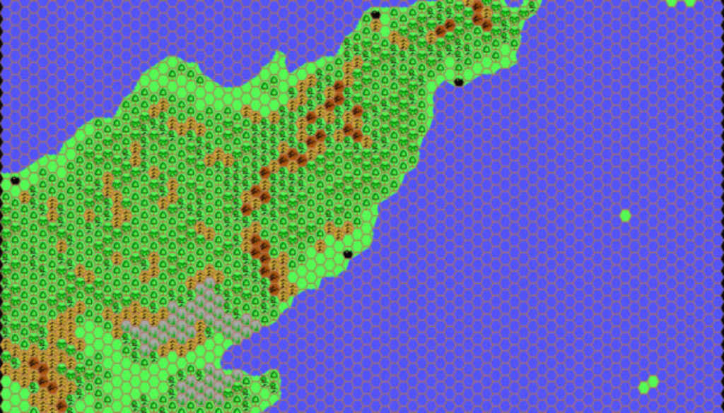Work-in-progress map of Vulcania Far East, 24 miles per hex by Thibault Sarlat, March 2002