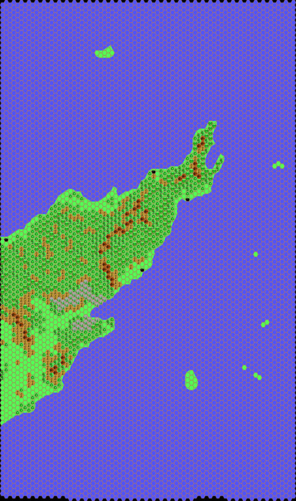 Work-in-progress map of Vulcania Far East, 24 miles per hex by Thibault Sarlat, March 2002