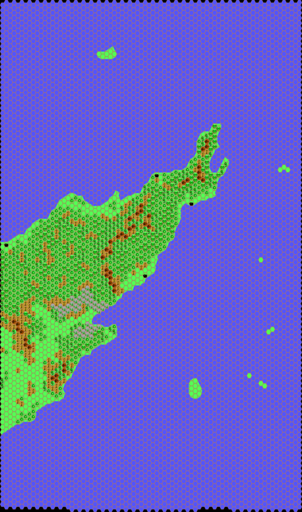 Work-in-progress map of Vulcania Far East, 24 miles per hex by Thibault Sarlat, March 2002