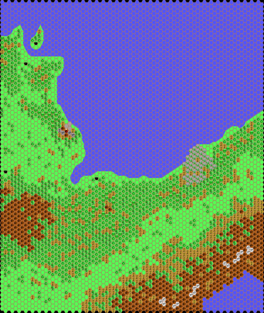 Work-in-progress map of Vulcania West, 24 miles per hex by Thibault Sarlat, January 2002