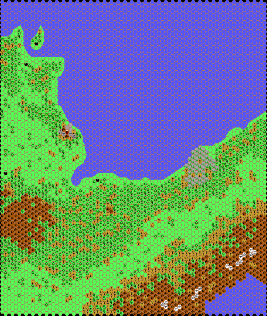 Work-in-progress map of Vulcania West, 24 miles per hex by Thibault Sarlat, January 2002