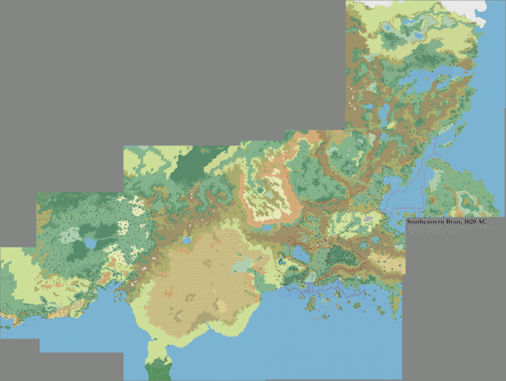 Combined work-in-progress map of Southeastern Brun, 8 miles per hex by Thibault Sarlat, January 2004 -August 2005; assembled by Thorfinn Tait, December 2021