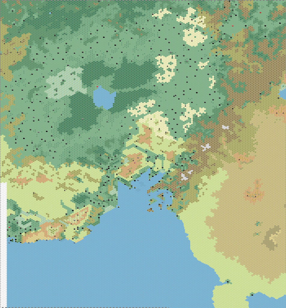 Work-in-progress map of the Gulf of Hule area, 8 miles per hex by Thibault Sarlat, July 2005