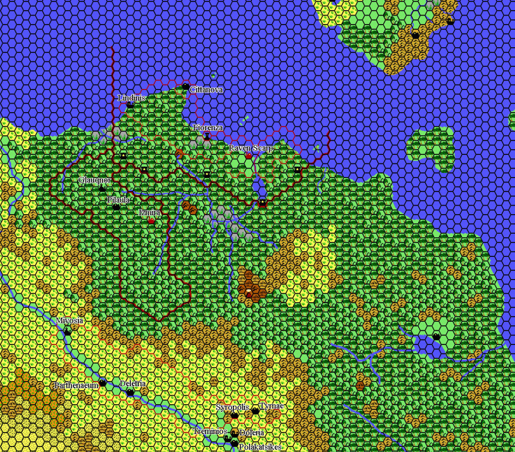 Thyatian Hinterlands Area 1018 AC, 24 miles per hex, by Thibault Sarlat, October 2002