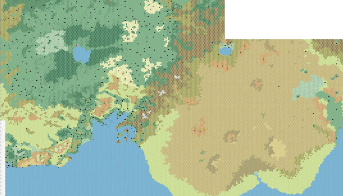 Work-in-progress map of Hule and the Great Waste — from the Savage Baronies to Glantri, 8 miles per hex by Thibault Sarlat, July 2005