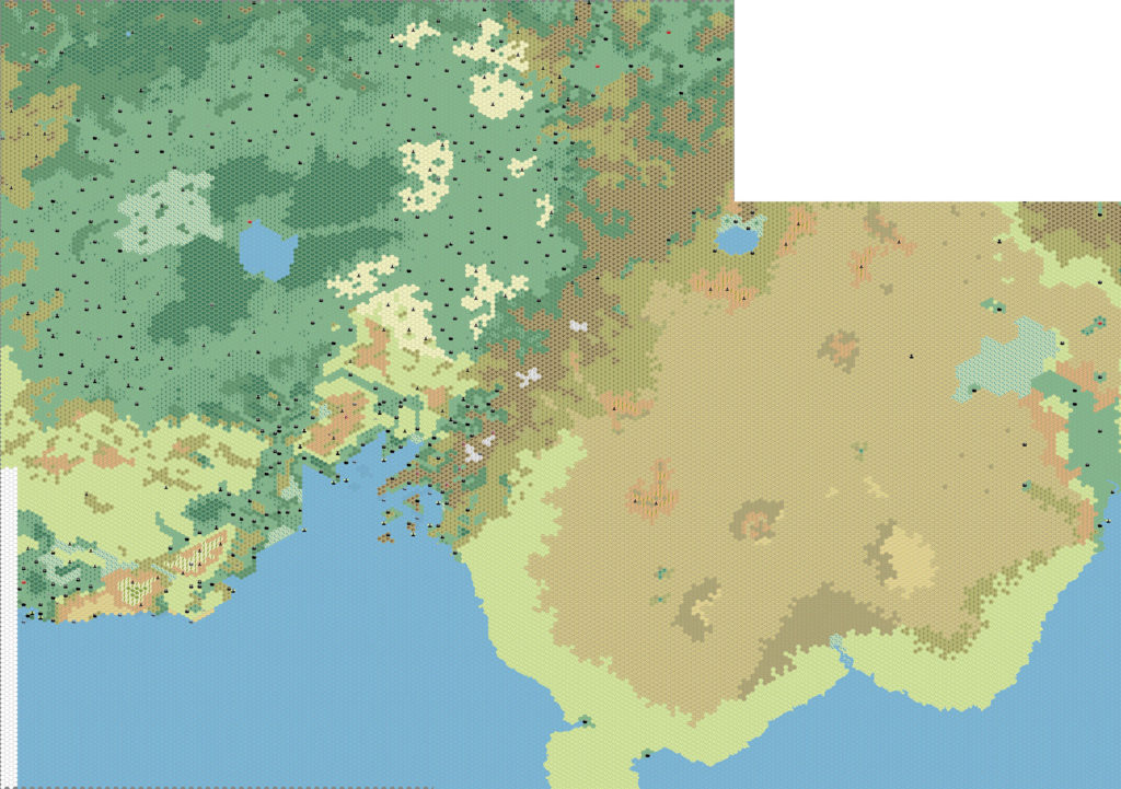 Work-in-progress map of Hule and the Great Waste — from the Savage Baronies to Glantri, 8 miles per hex by Thibault Sarlat, July 2005