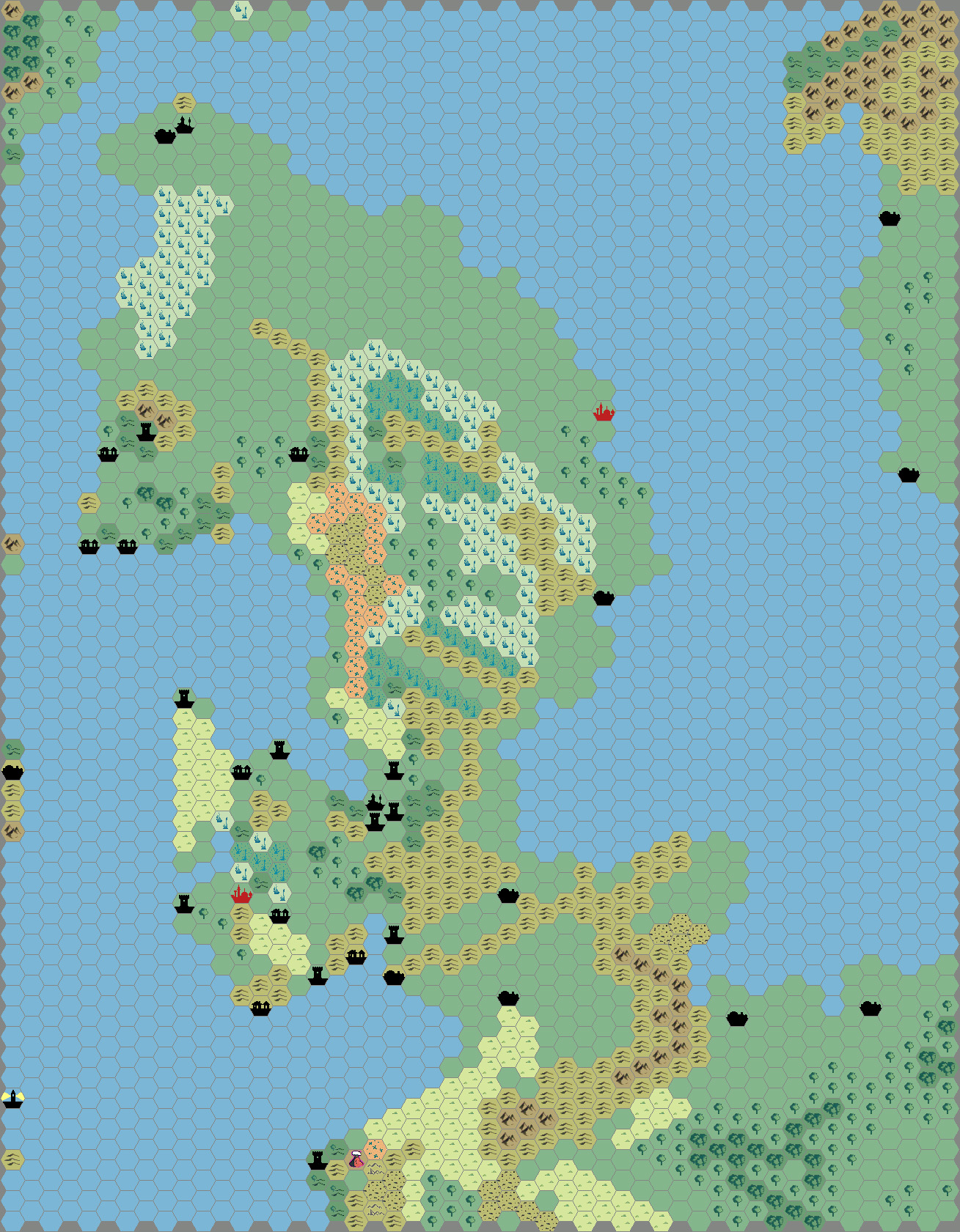 Work-in-progress map of the Isle of Dawn North, 24 miles per hex by Thibault Sarlat, December 2002