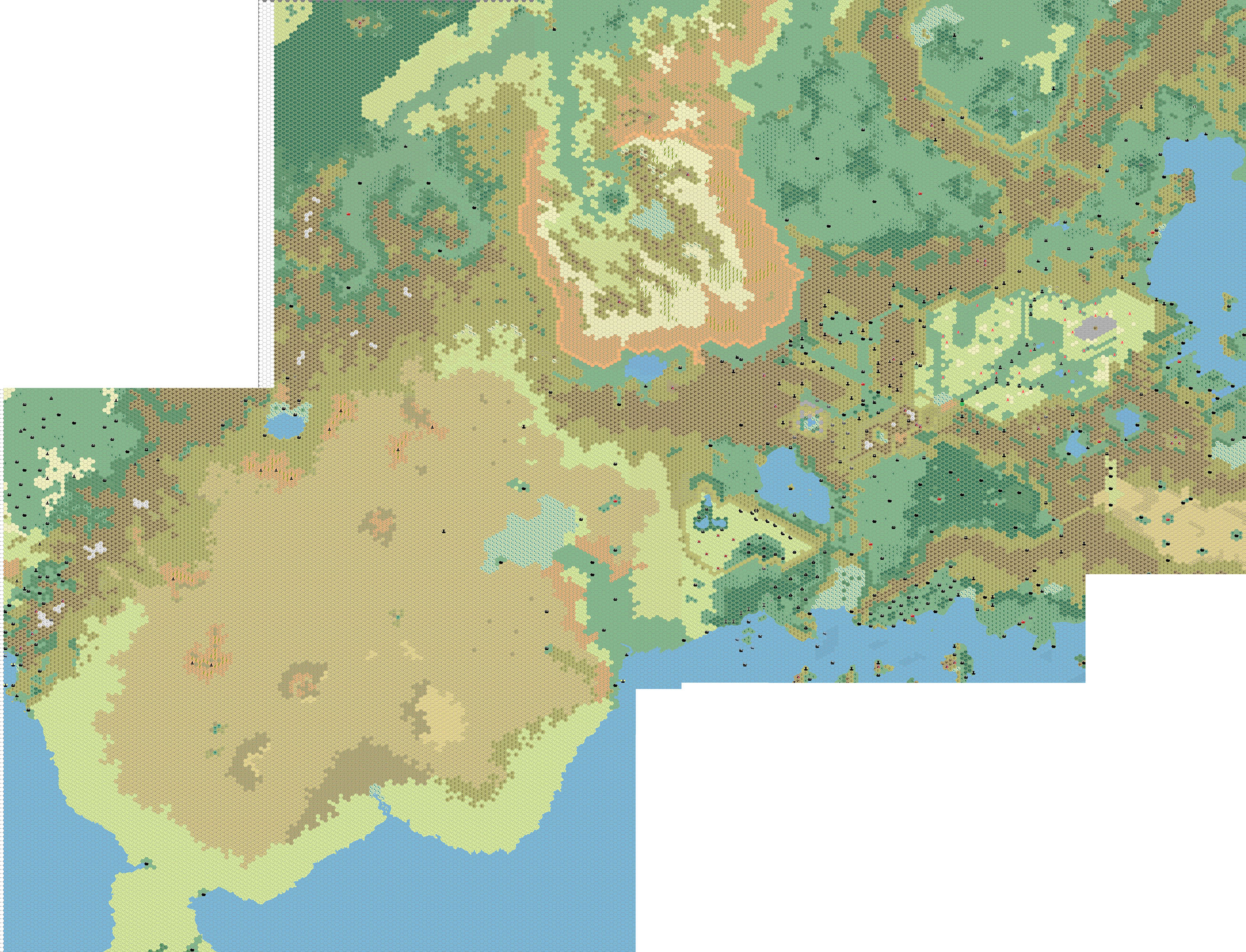 Work-in-progress map of the Known World, the Great Waste, and surrounding lands, 8 miles per hex by Thibault Sarlat, July 2005