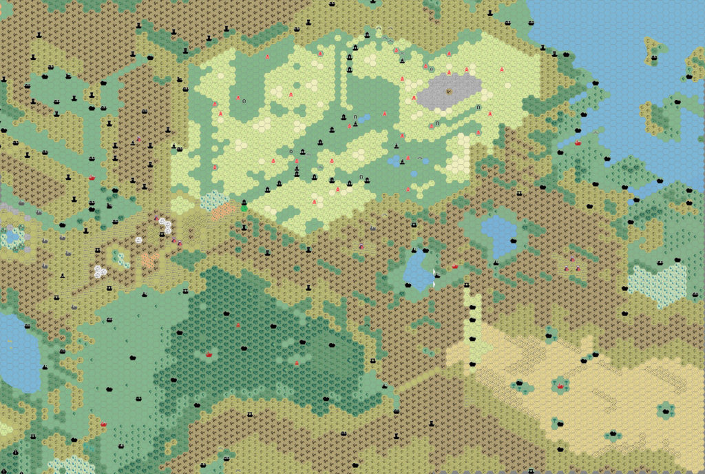 Work-in-progress map of the Northern Known World, 8 miles per hex by Thibault Sarlat, July 2005