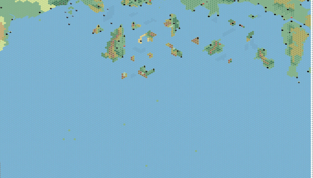 Work-in-progress map of the Southern Known World, 8 miles per hex by Thibault Sarlat, July 2005