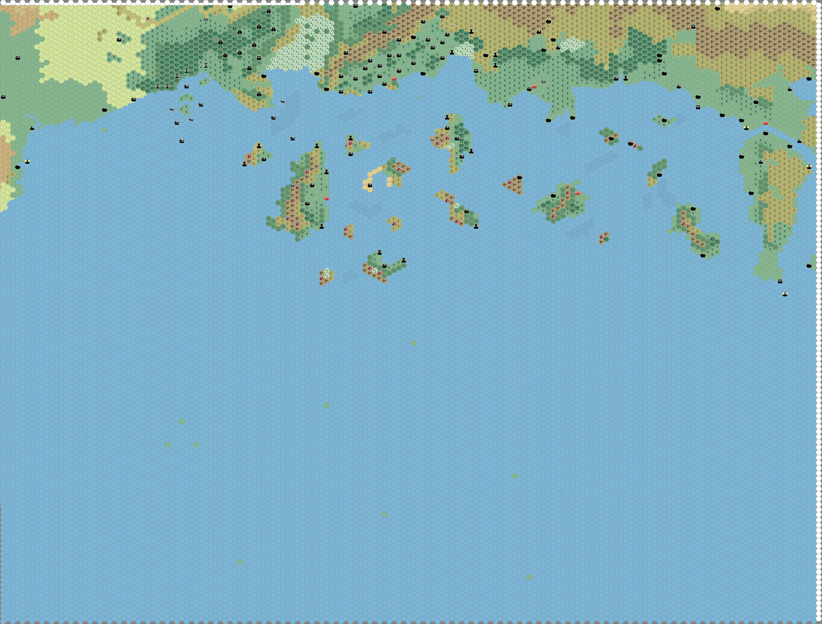 Work-in-progress map of the Southern Known World, 8 miles per hex by Thibault Sarlat, July 2005