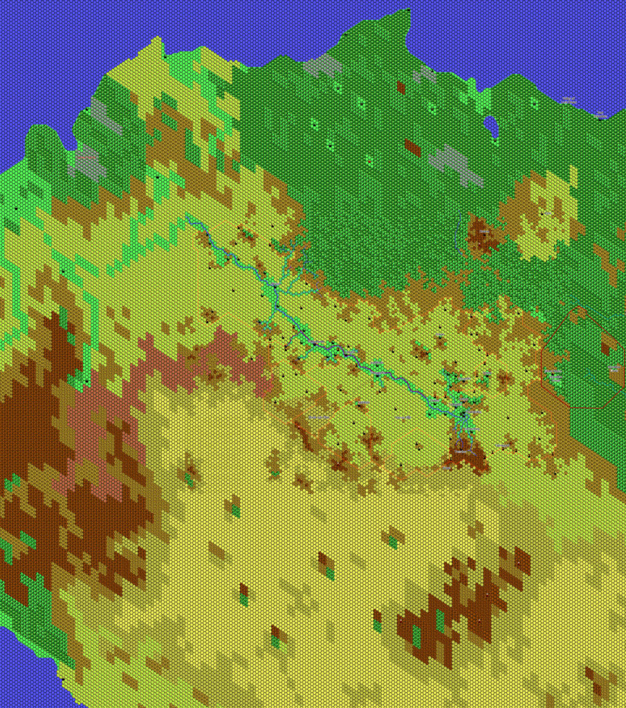 Work in progress map of the Polakatsikes Region 1019 AC, 8 miles per hex by Thibault Sarlat, May 2004