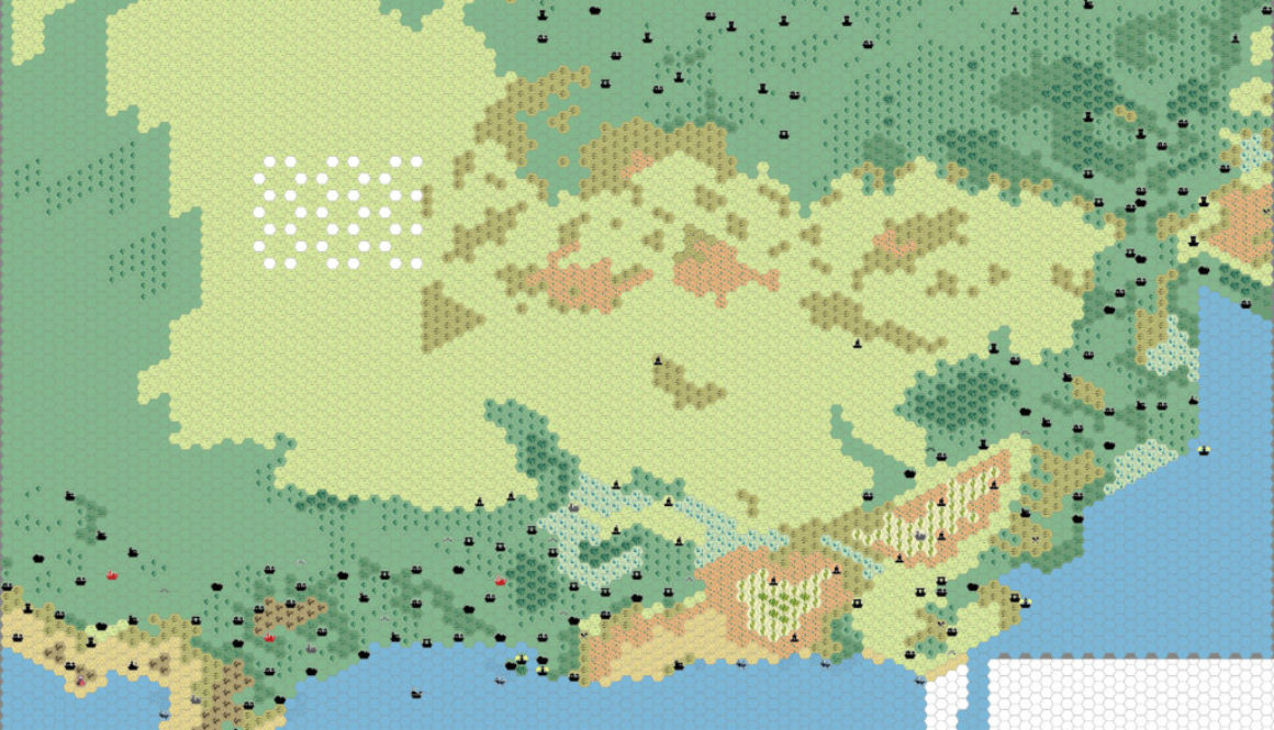 Work-in-progress map of the Eastern Savage Coast, 8 miles per hex by Thibault Sarlat, August 2005