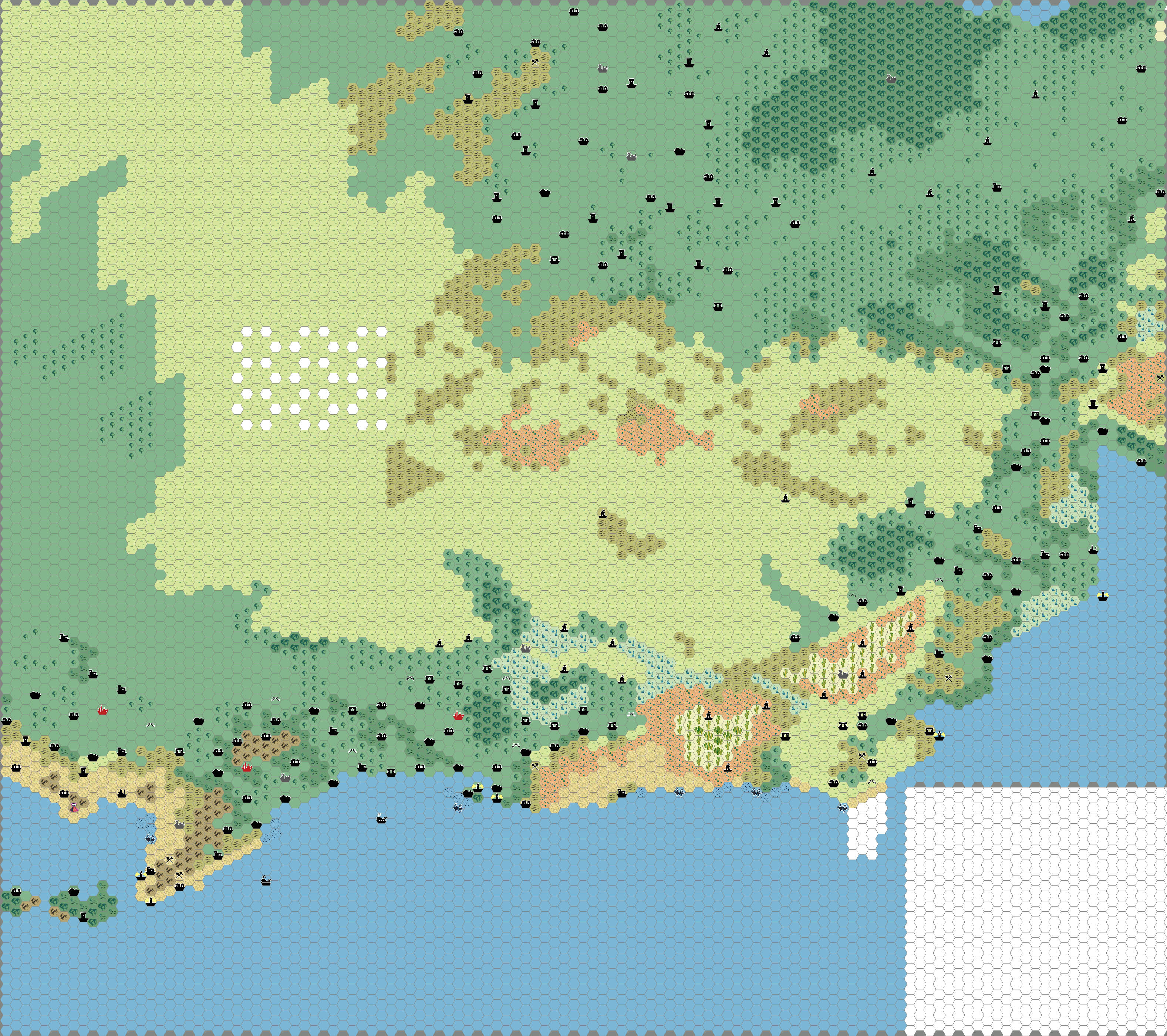 Work-in-progress map of the Eastern Savage Coast, 8 miles per hex by Thibault Sarlat, August 2005