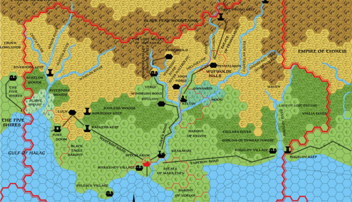 Colourised replica of B1-9 map of Karameikos, 8 miles per hex