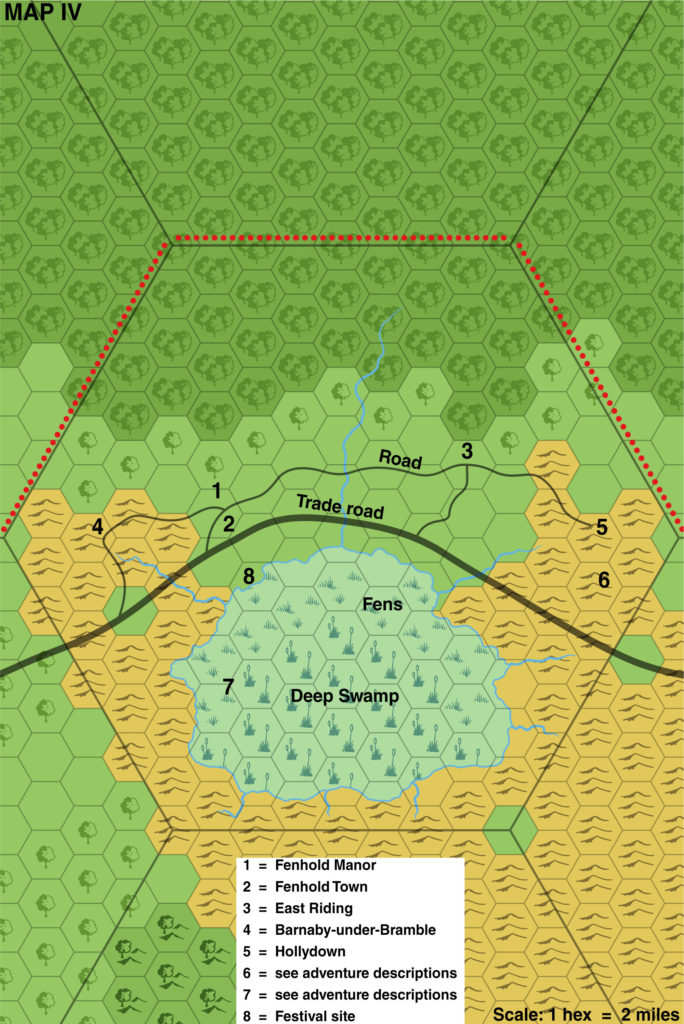 Colourised replica of CM9 map of Fenhold, 2 miles per hex