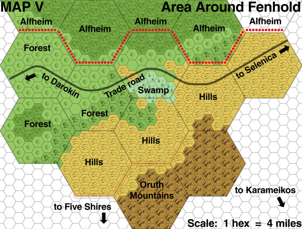 Colourised replica of CM9 map of the Fenhold Area, 4 miles per hex