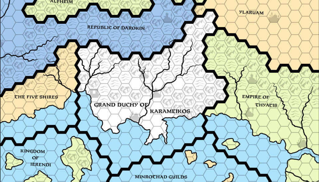 Replica of GAZ1 map of Karameikos, 24 miles per hex