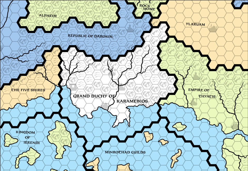 Replica of GAZ1 map of Karameikos, 24 miles per hex