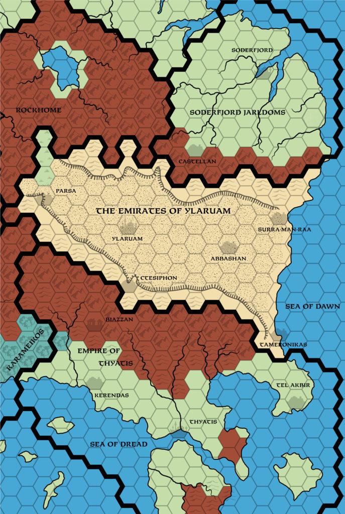 Replica of GAZ2 map of Ylaruam, 24 miles per hex