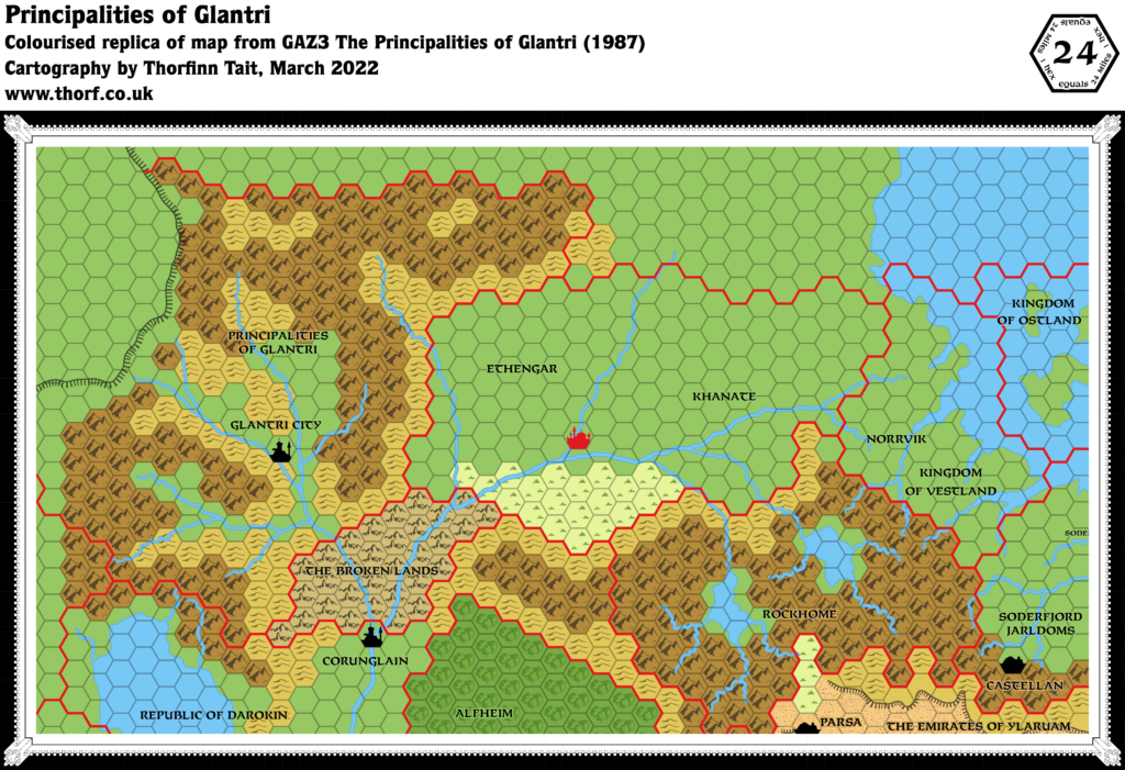 Replica of GAZ3 map of Glantri, 24 miles per hex
