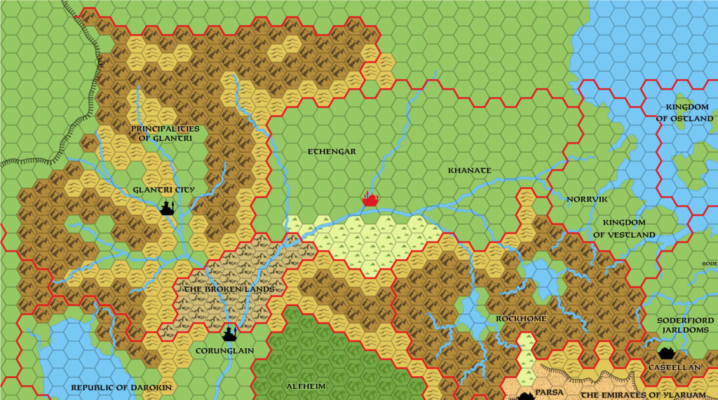 Replica of GAZ3 map of Glantri, 24 miles per hex