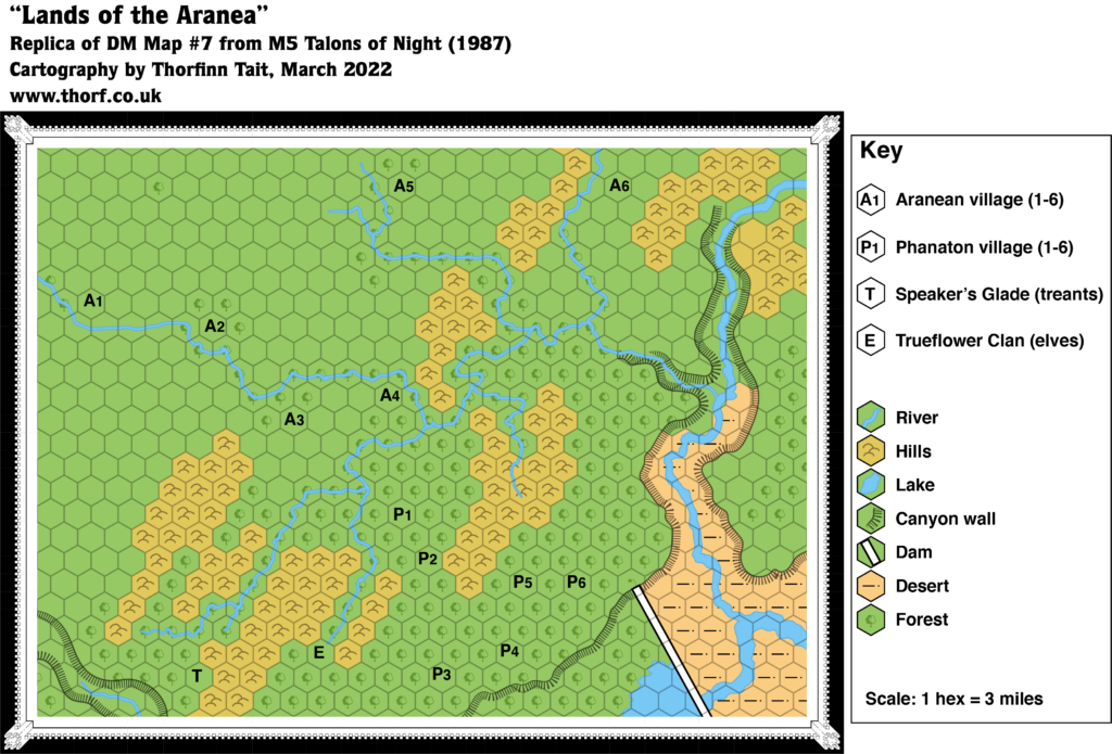 Replica of M5 map of the Lands of the Aranea, 3 miles per hex