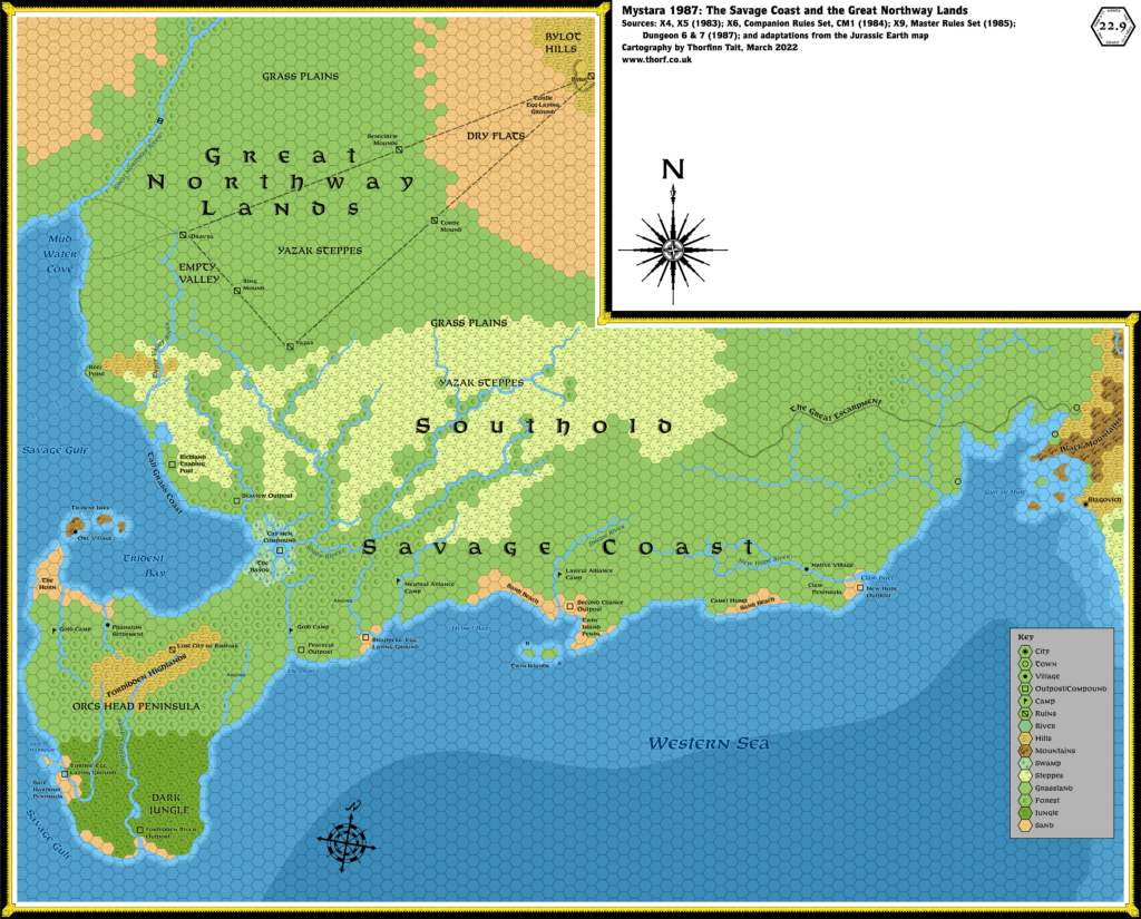 The Savage Coast and the Great Northway Lands, 22.9 miles per hex (1987)