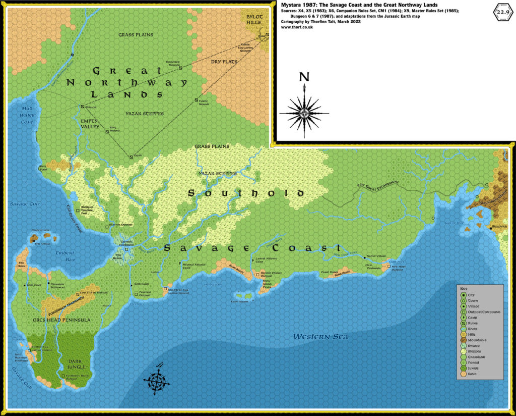 The Savage Coast and the Great Northway Lands, 22.9 miles per hex (1987)