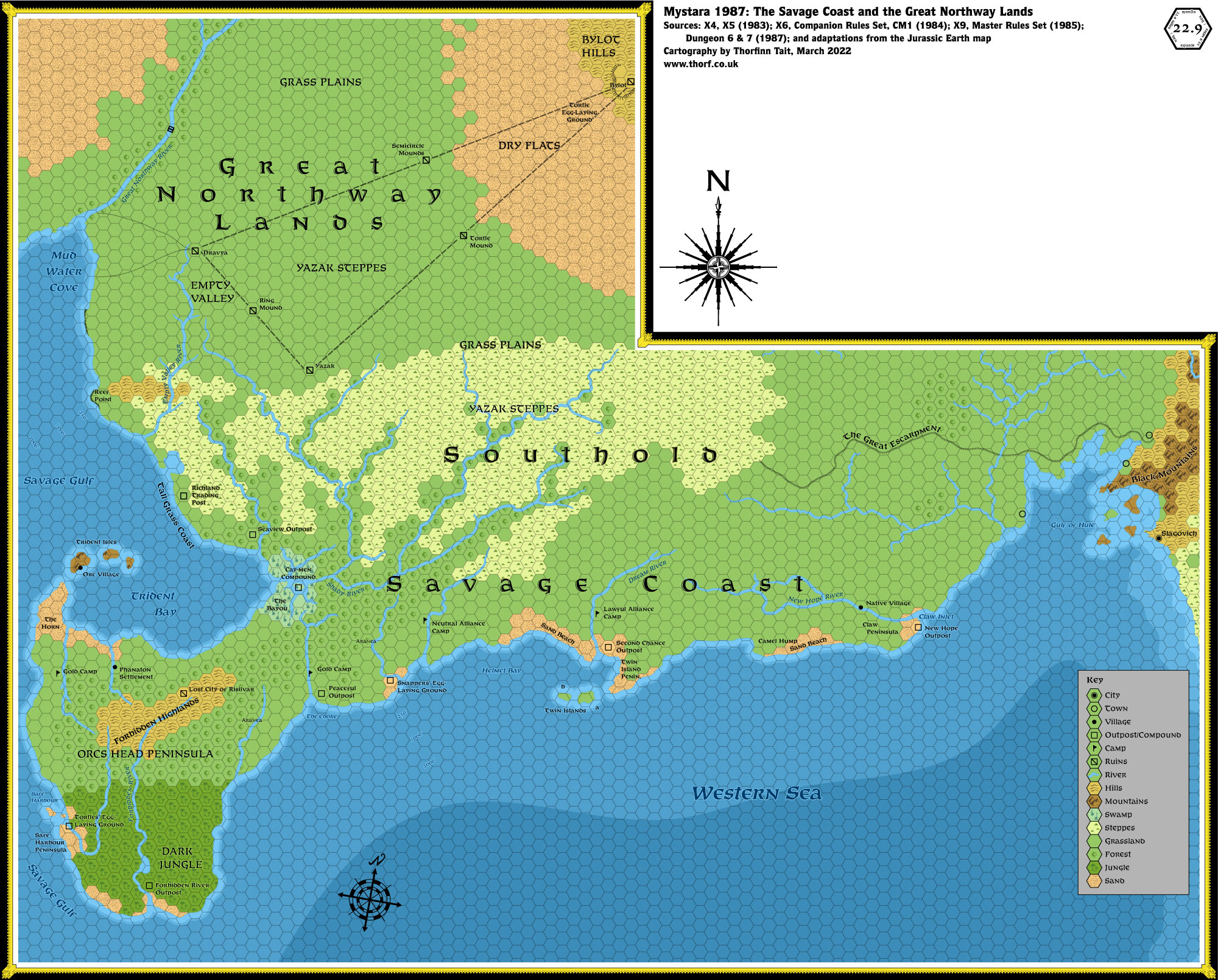 The Savage Coast and the Great Northway Lands, 22.9 miles per hex (1987)