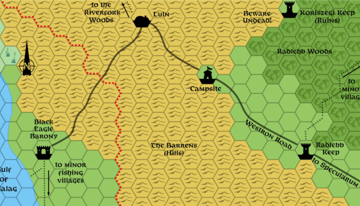 Colourised replica of DDA3’s map of Western Karameikos, 2 miles per hex