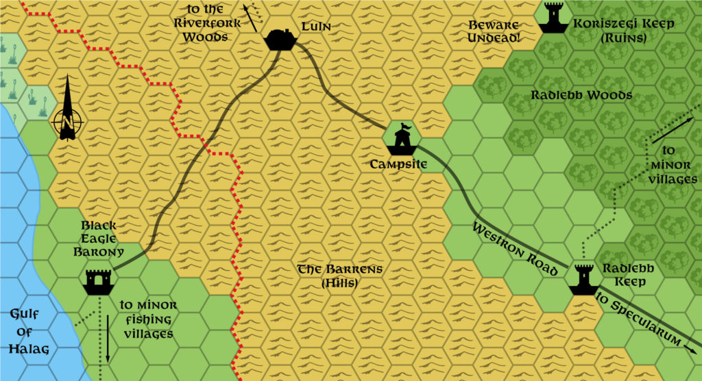 Colourised replica of DDA3’s map of Western Karameikos, 2 miles per hex