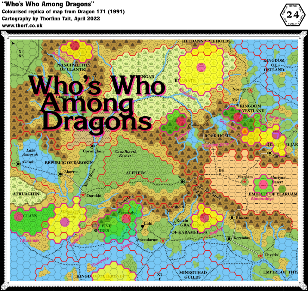 Colourised replica of Dragon 171’s map of Known World Dragons, 24 miles per hex