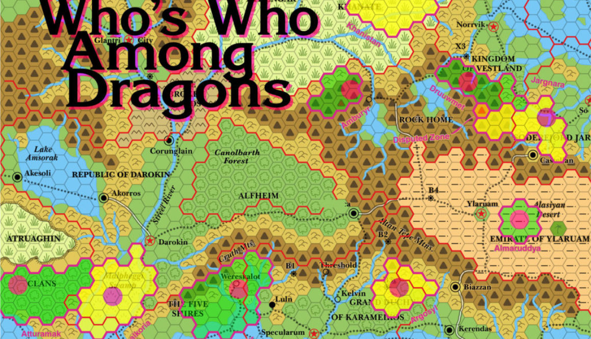 Colourised replica of Dragon 171’s map of Known World Dragons, 24 miles per hex