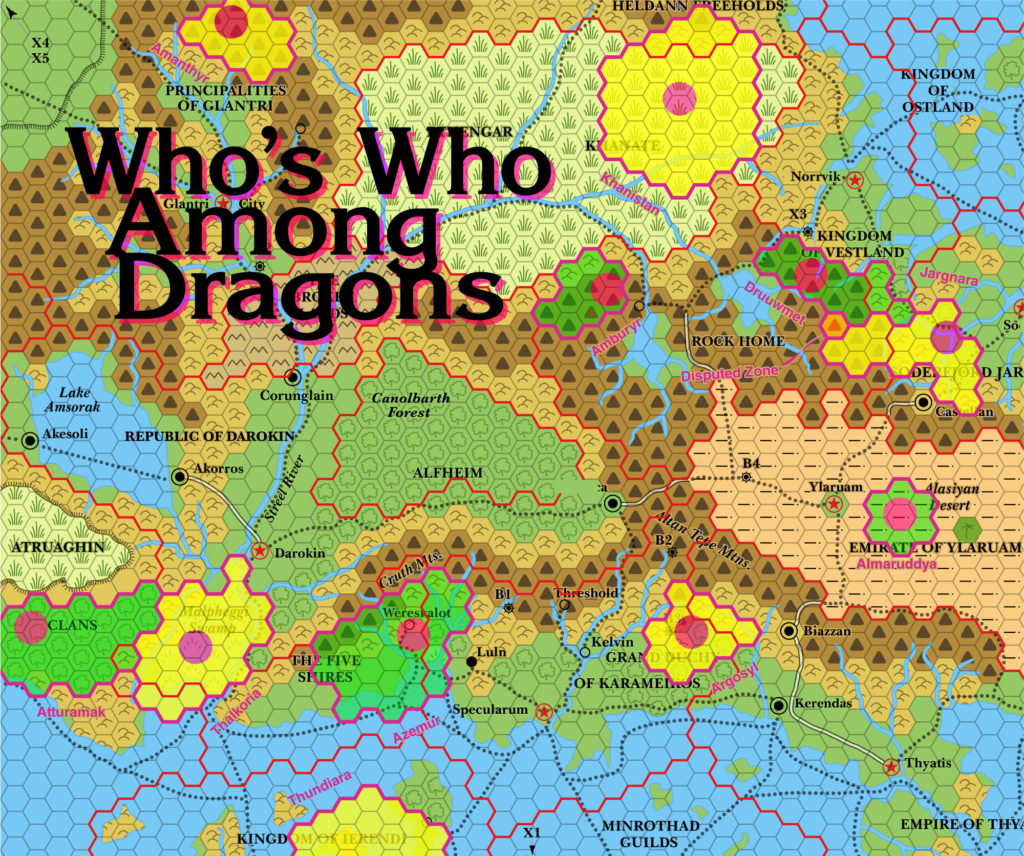 Colourised replica of Dragon 171’s map of Known World Dragons, 24 miles per hex