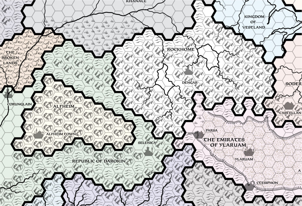 Replica of GAZ6 map of Rockhome, 24 miles per hex