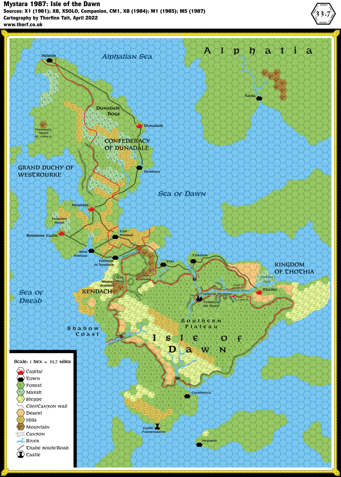 Isle of Dawn, 33.7 miles per hex (1987) | Atlas of Mystara