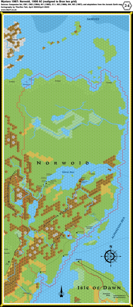 Norwold, 24 miles per hex, realigned to Brun hex grid (1987)