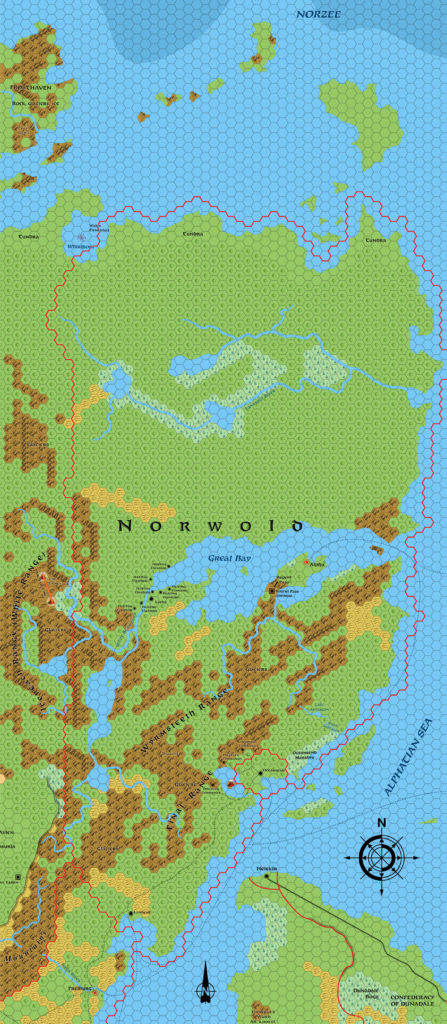 Norwold, 24 miles per hex, realigned to Brun hex grid (1987)