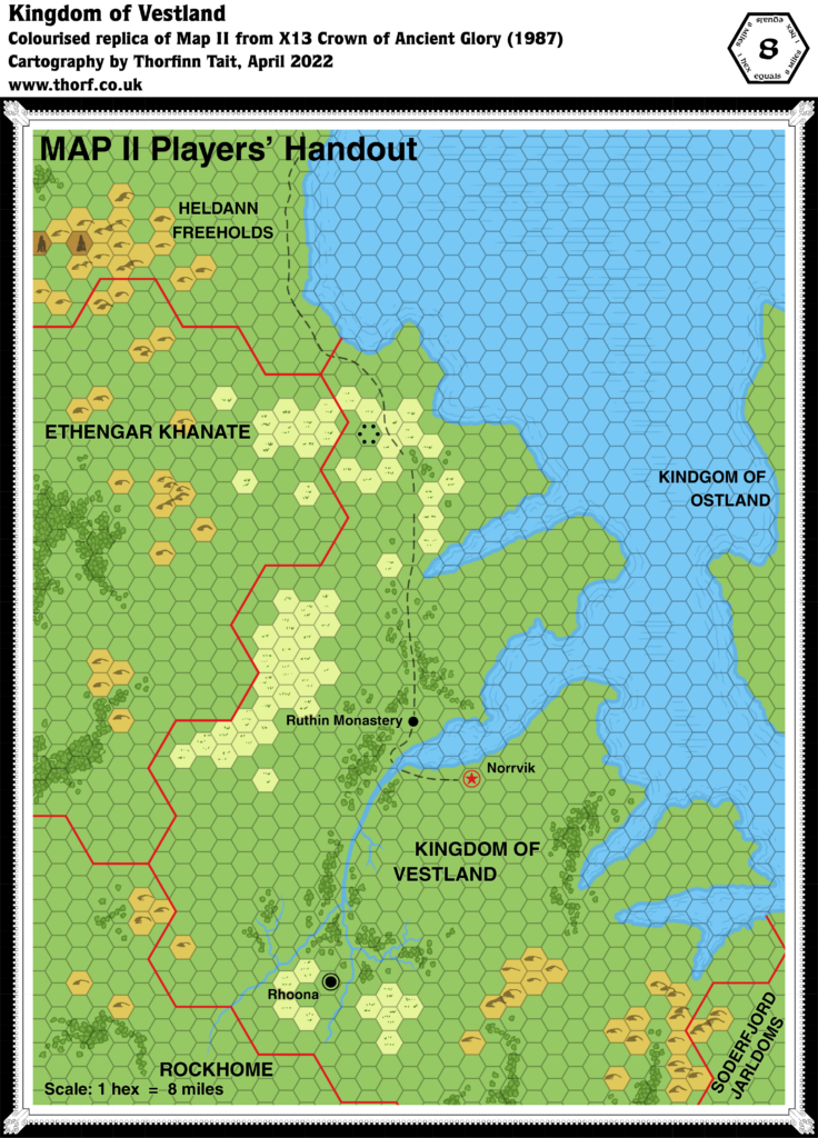 Replica of X13’s map of the Kingdom of Vestland, 8 miles per hex (Players’ Handout)