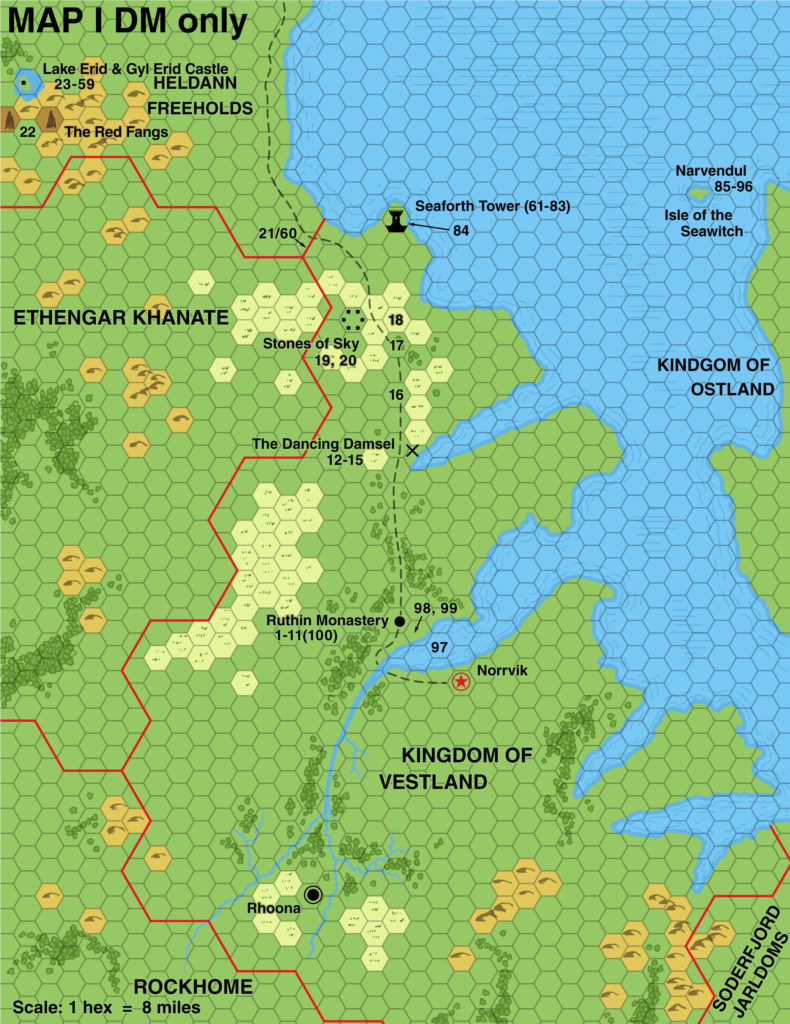 Replica of X13’s map of the Kingdom of Vestland, 8 miles per hex