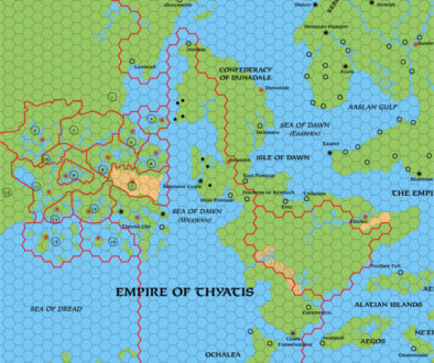 Colourised replica of Dawn of the Emperors’s overview map of the Empire of Thyatis, 72 miles per hex