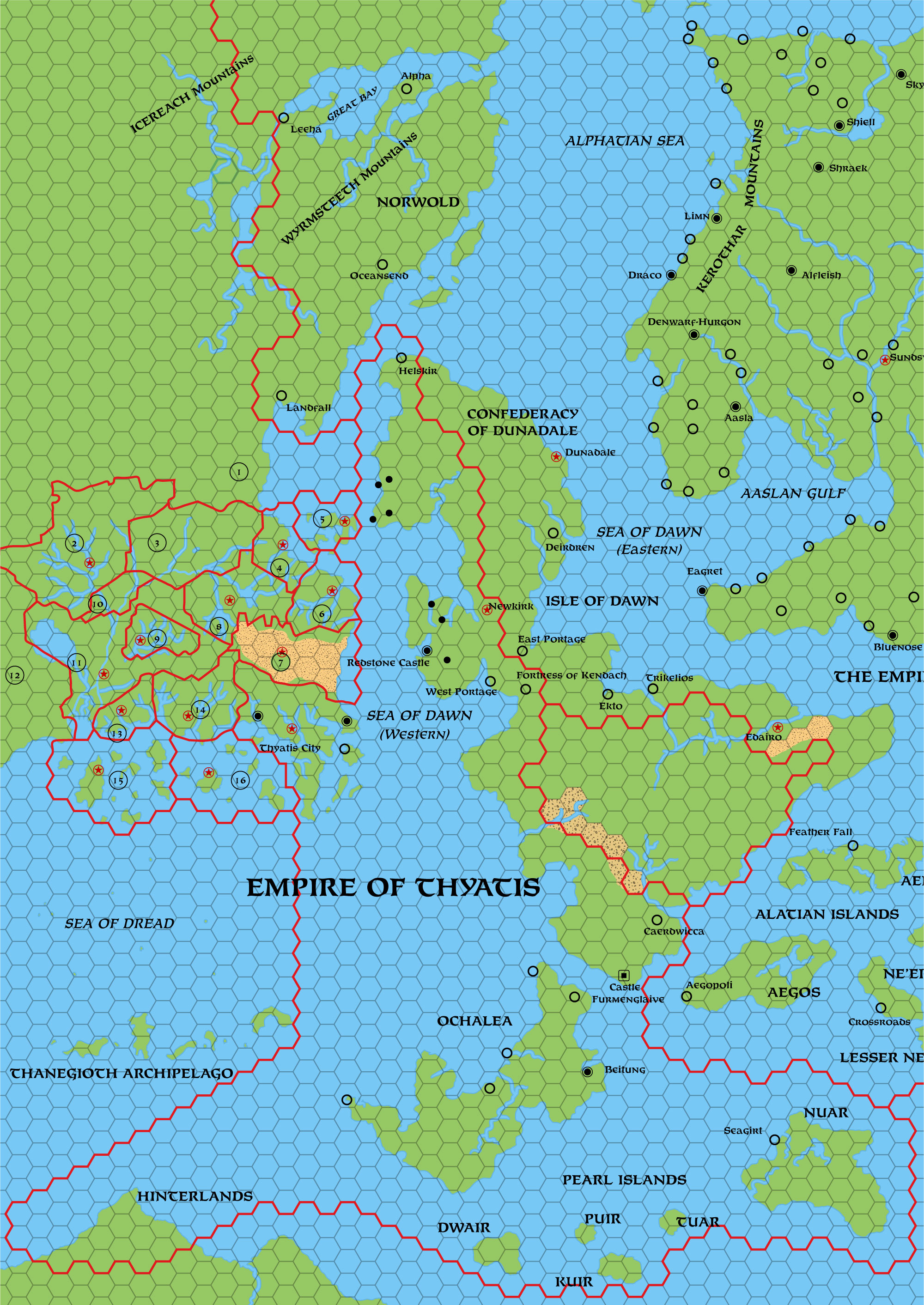 Colourised replica of Dawn of the Emperors’s overview map of the Empire of Thyatis, 72 miles per hex