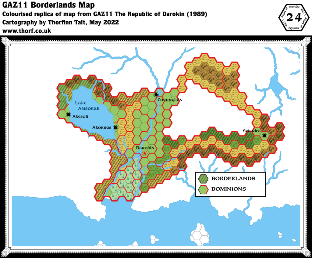 Colourised replica of GAZ11’s Darokin Borderlands map, 24 miles per hex