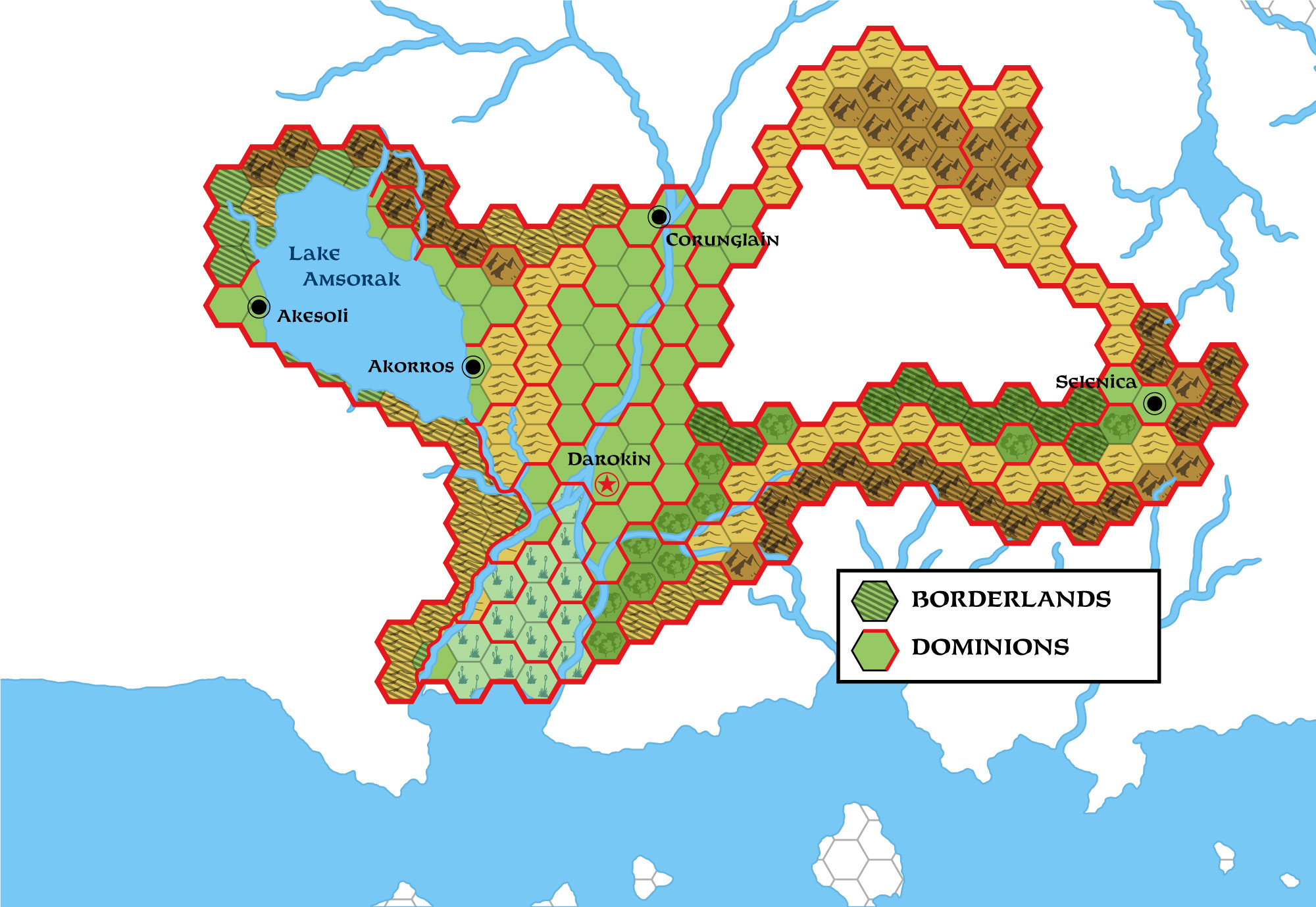 Colourised replica of GAZ11’s Darokin Borderlands map, 24 miles per hex