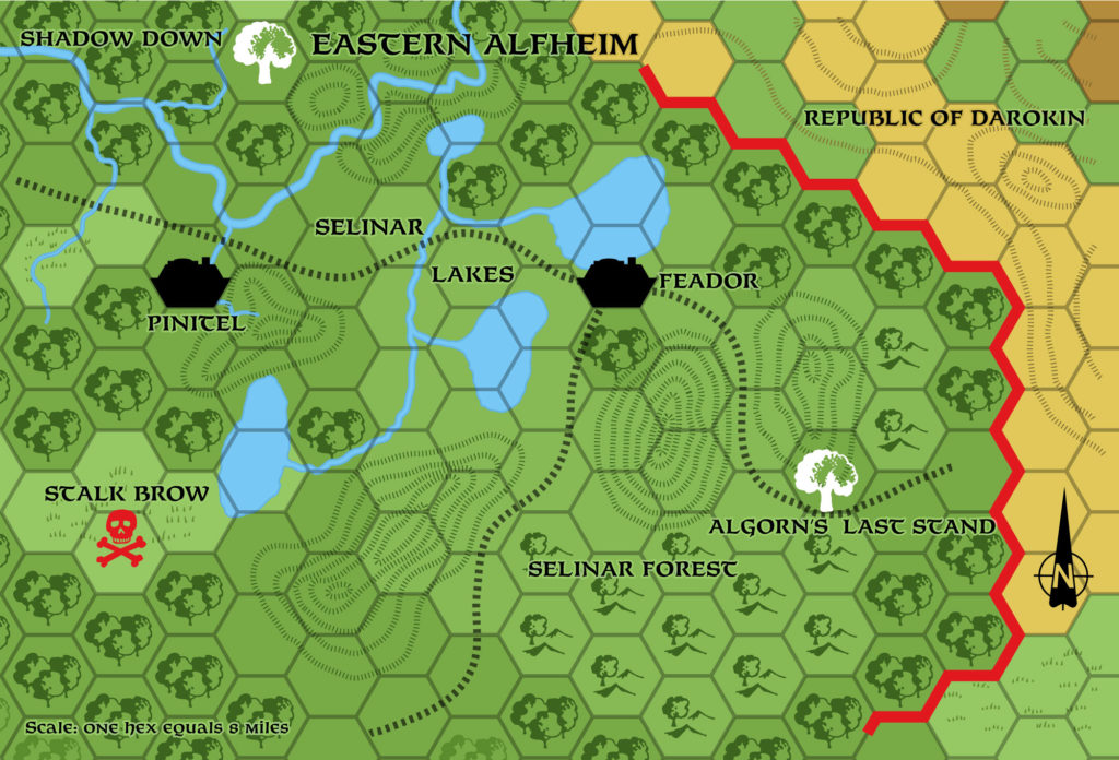 Replica of GAZ5’s map of Eastern Alfheim, 8 miles per hex