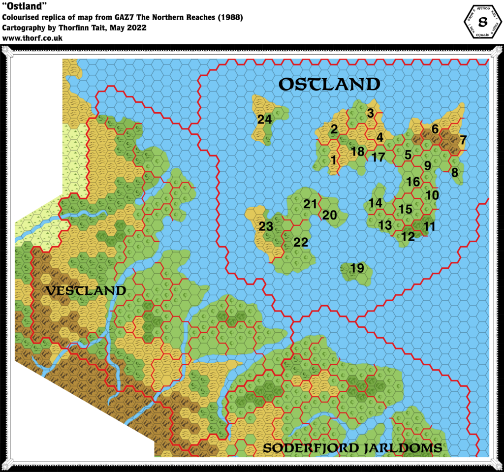 Colourised replica of GAZ7’s overview map of Ostland, 8 miles per hex