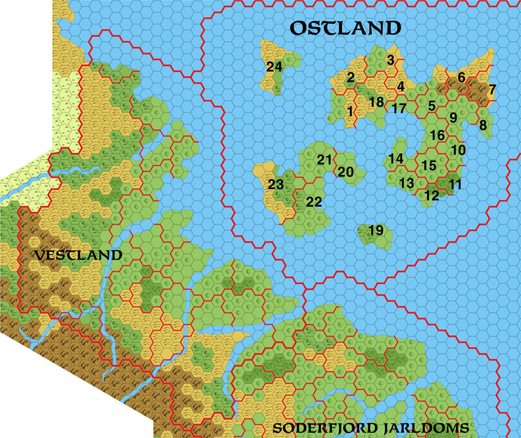 Colourised replica of GAZ7’s overview map of Ostland, 8 miles per hex