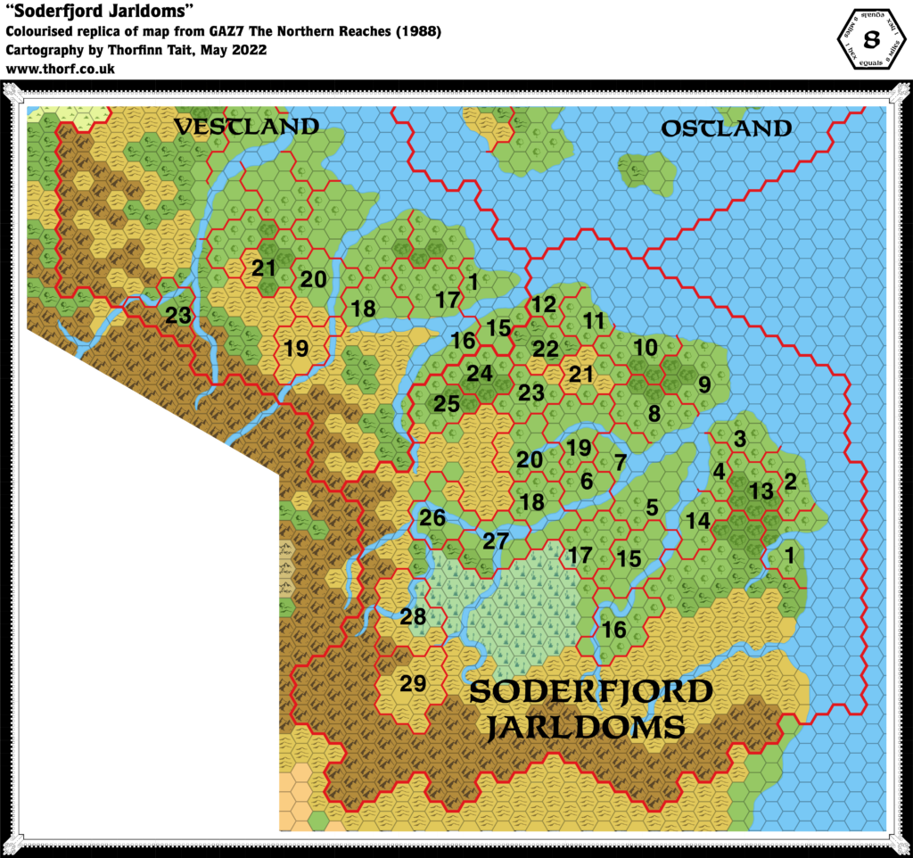 Colourised replica of GAZ7’s overview map of Soderfjord, 8 miles per hex